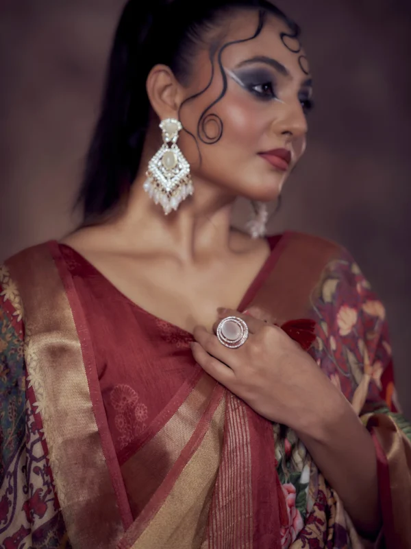 Majestic Maroon Moonga Tussar Saree with Woven Zari Border & Heritage Print Motifs