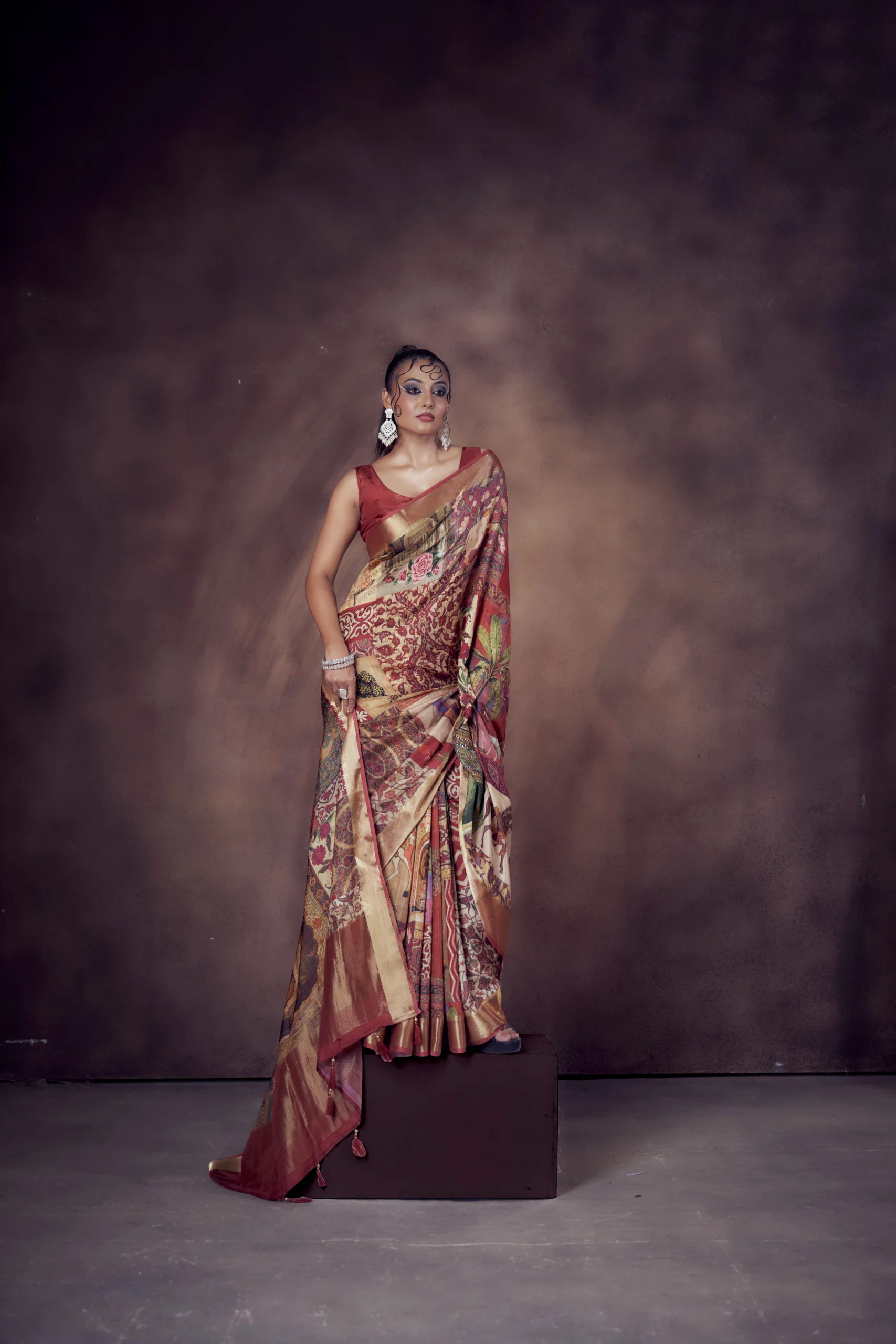 Majestic Maroon Moonga Tussar Saree with Woven Zari Border & Heritage Print Motifs - Image 4