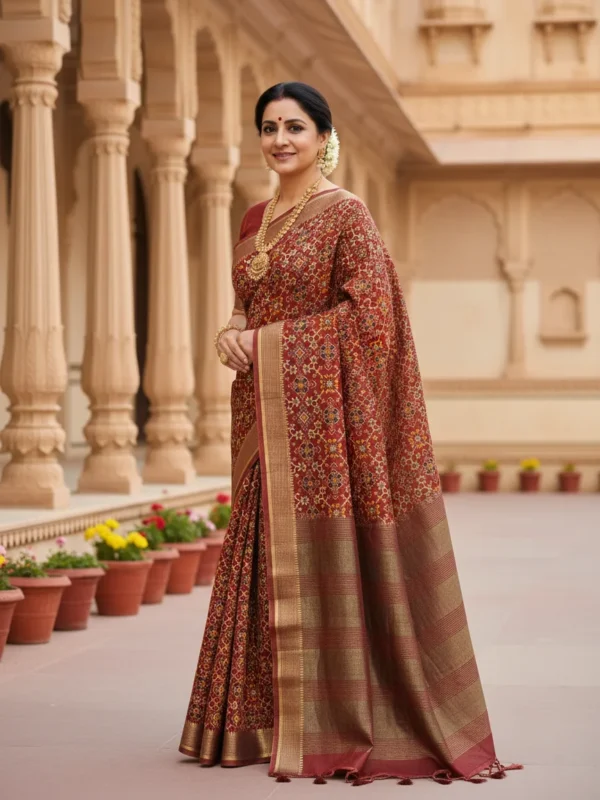 Woman wearing maroon Moonga Tussar saree with Patola print and woven zari border – Rangoli Saris