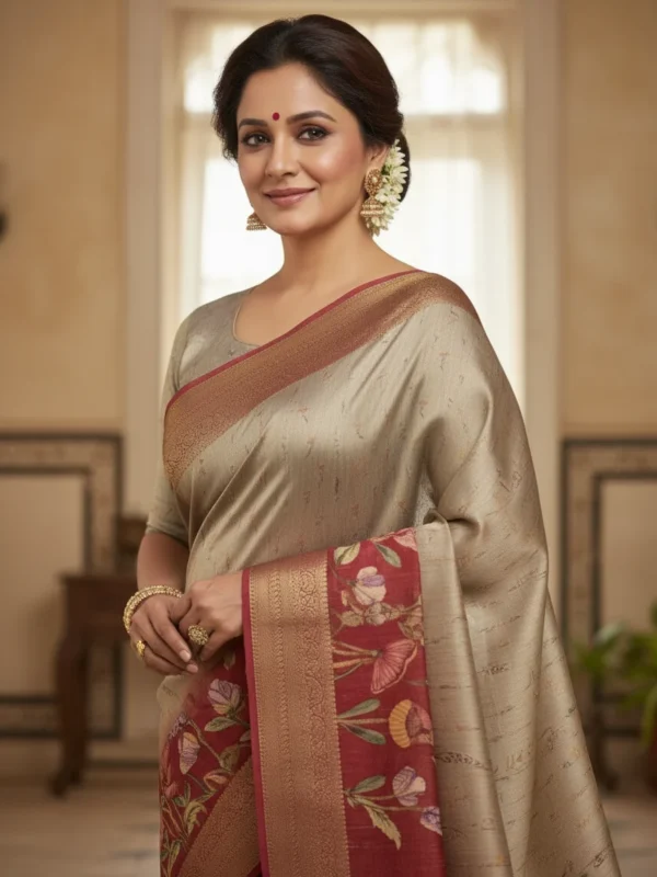 Woman wearing ivory Moonga Tussar saree with floral Kalamkari print and woven zari border – Rangoli Saris