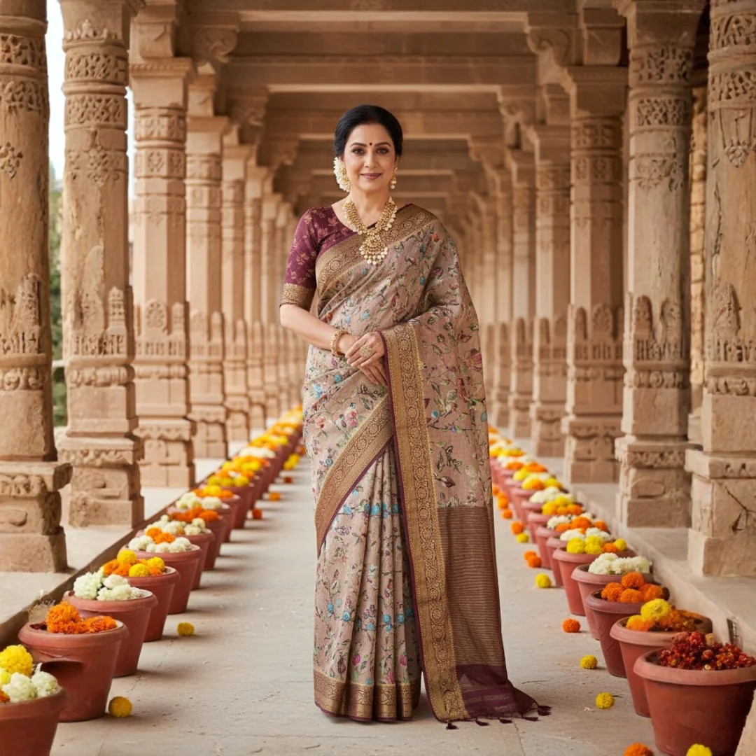 vintage-moonga-tussar-saree-with-zari-border-pichwai-kalamkari-print