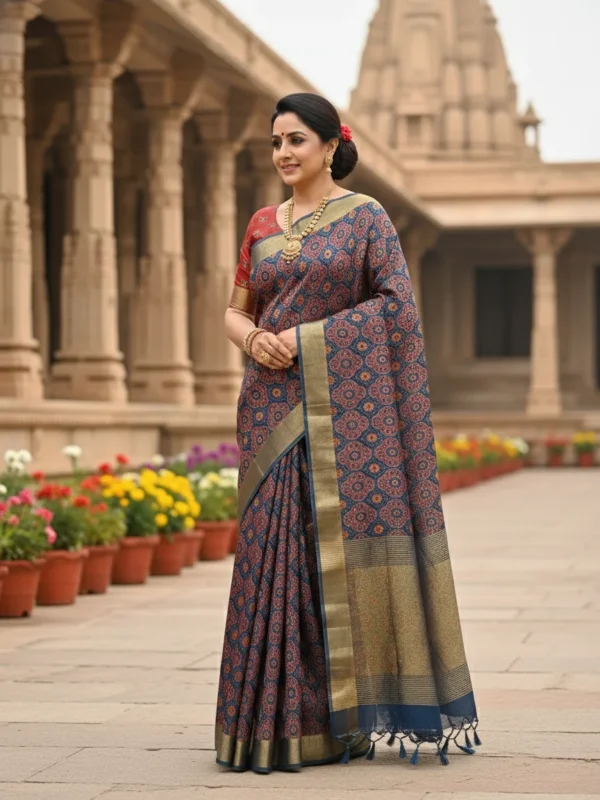 Woman wearing royal indigo Moonga Tussar saree with Patola-inspired print and woven zari border – Rangoli Saris