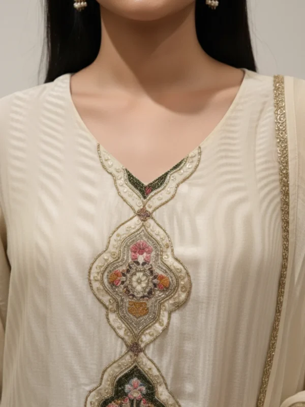 Off White fancy designer suit with intricate embroidery and dupatta – Rangoli Saris