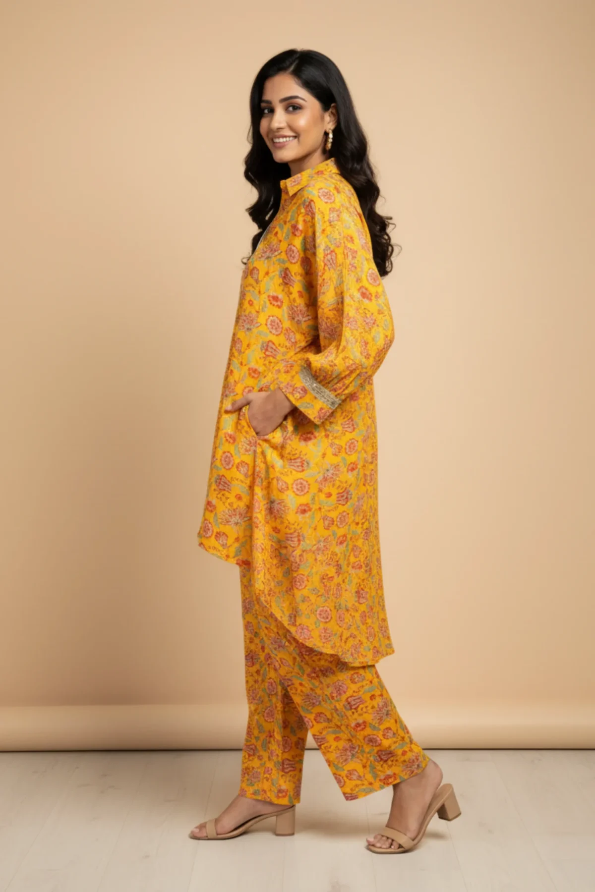 Bright Yellow Muslin Printed Co-Ord Set with floral motifs and asymmetrical hem kurta – Rangoli Saris