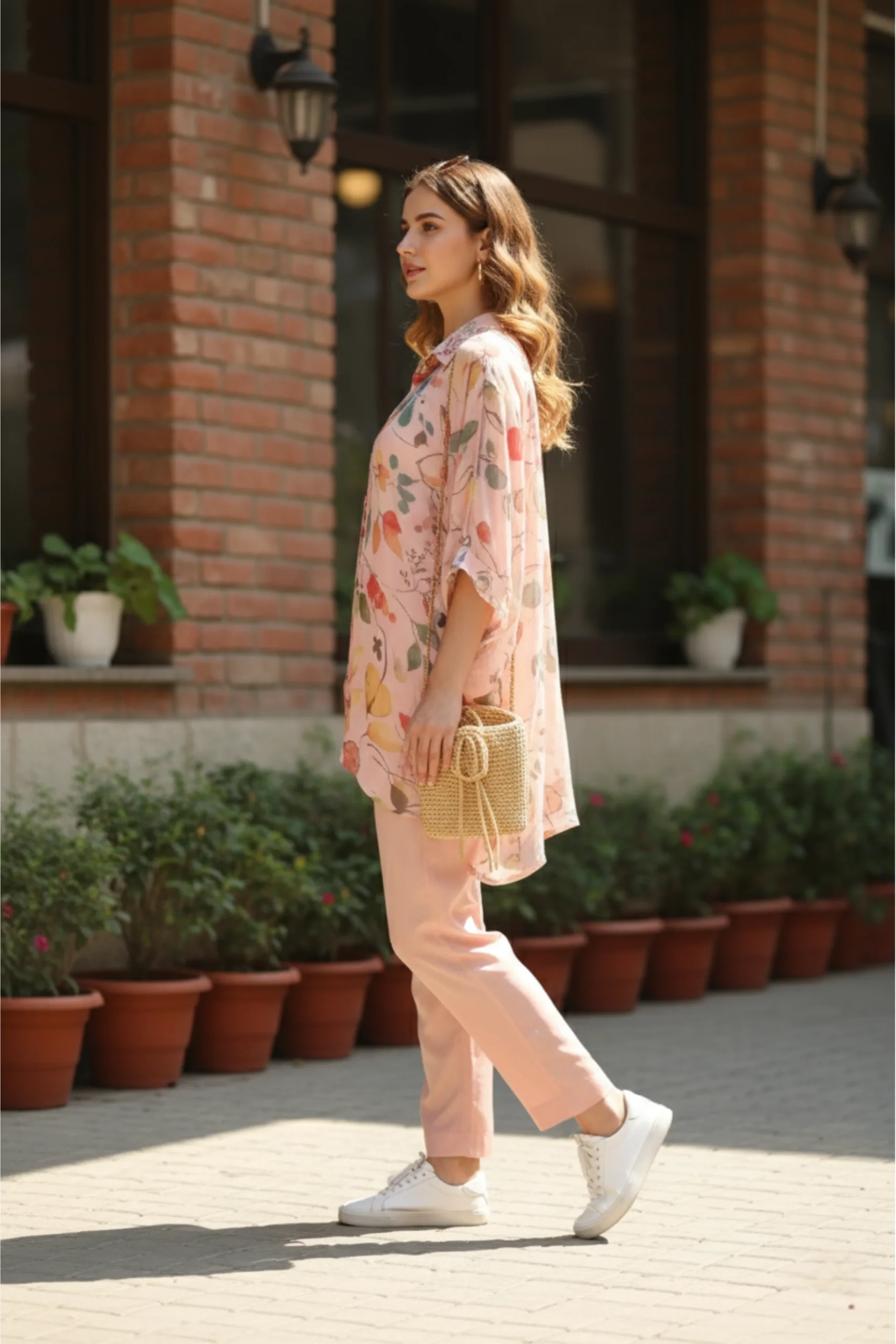 Pink Chinnon Printed Kaftan Co-Ord Set with floral print and relaxed fit top – Rangoli Saris