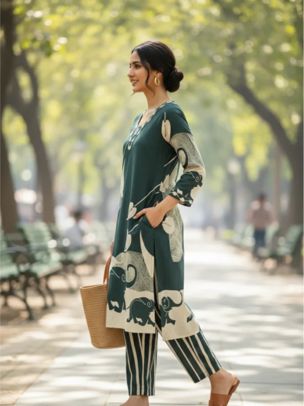 Bottle Green Rayon Digital Print Co-Ord Set featuring artistic motifs and striped pants – Rangoli Saris