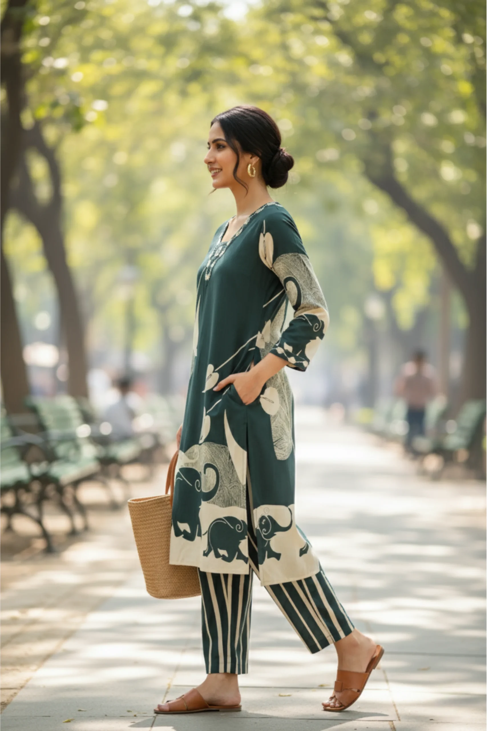 Bottle Green Rayon Digital Print Co-Ord Set featuring artistic motifs and striped pants – Rangoli Saris