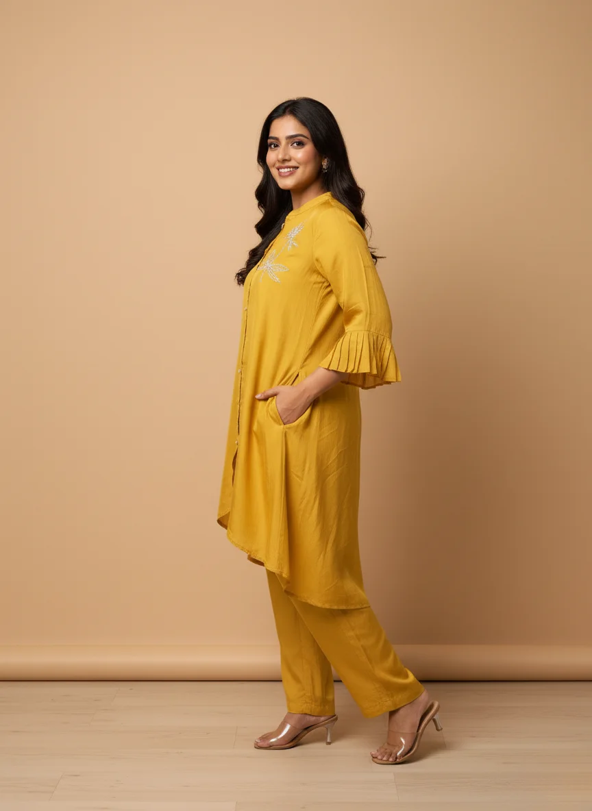 Model wearing Rangoli Sari’s yellow aurganza co-ord set with crystal embellishment, pleated sleeves, and relaxed fit – festive ethnic wear for women.