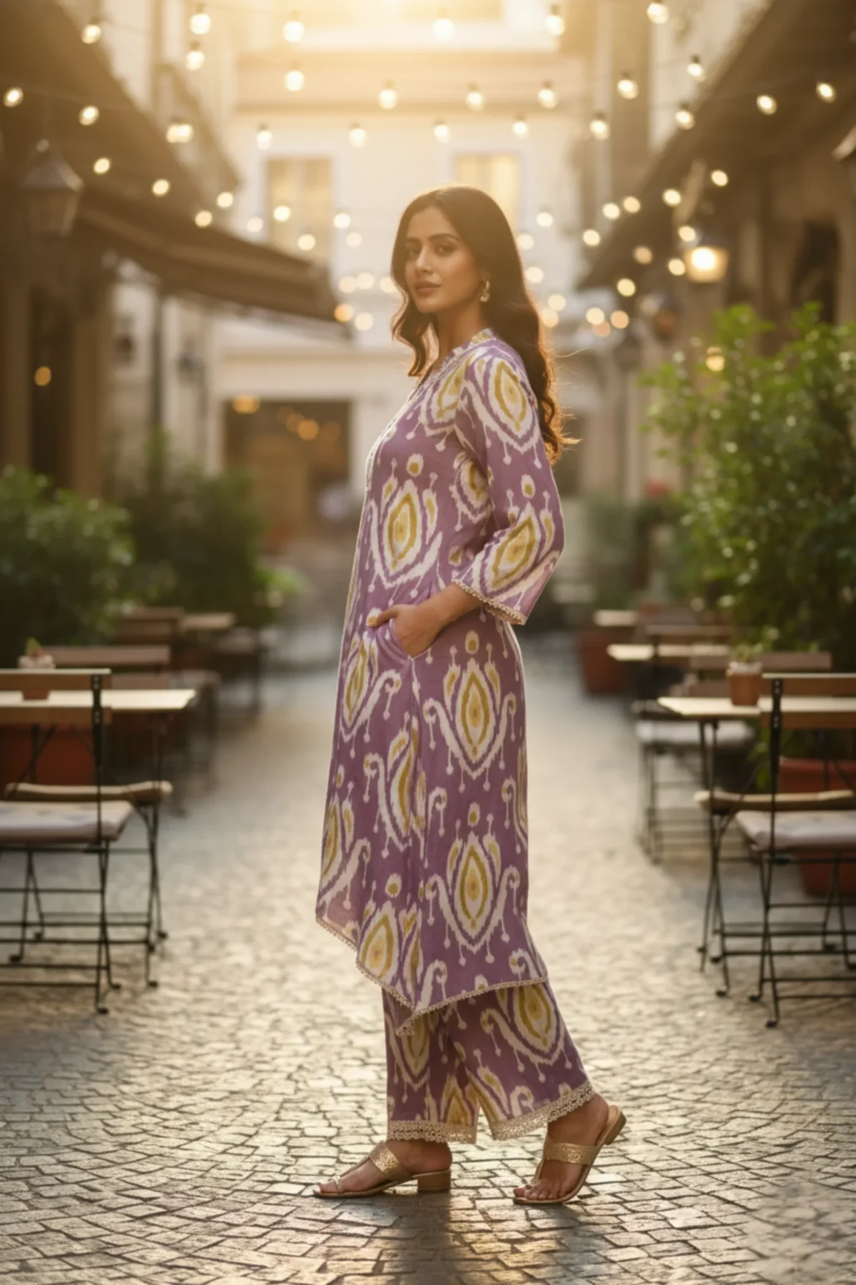 Lavender Cotton Co-Ord Set with digital print and asymmetrical kurta – Rangoli Saris