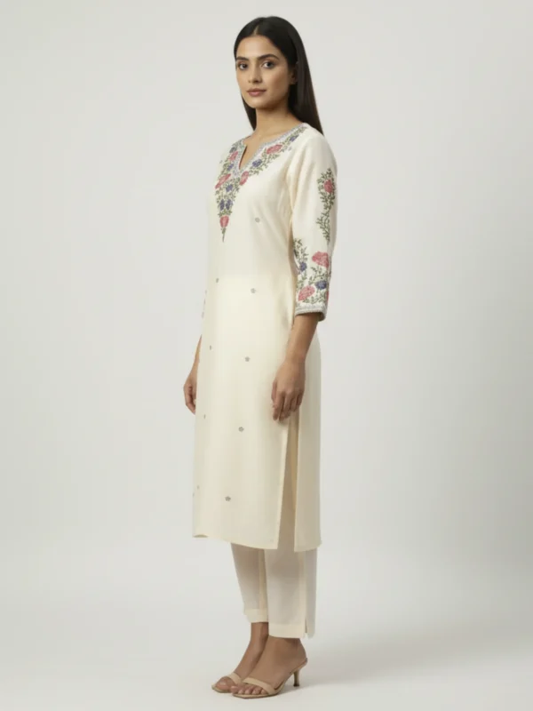 Off-white embroidered linen co-ord set with floral detailing on neckline and sleeves – Rangoli Saris