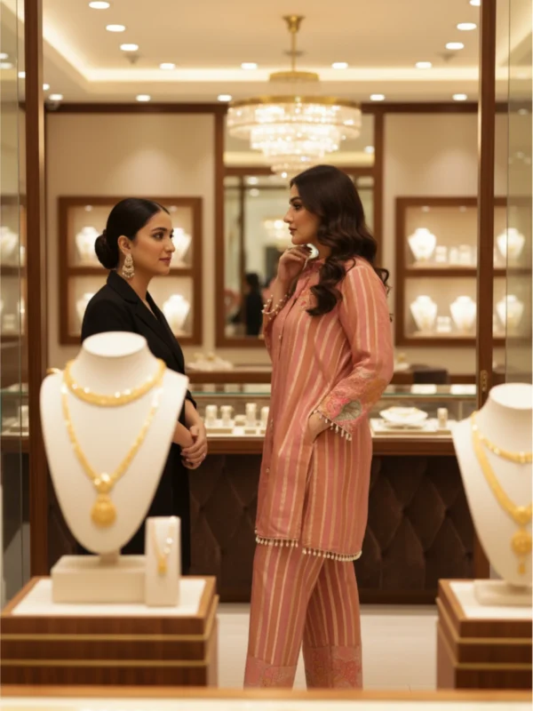 Peachish pink embroidered fancy co-ord set with striped shirt and straight pants – Rangoli Saris