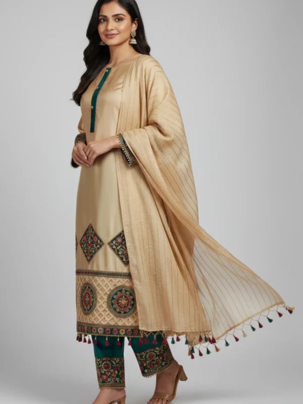 Baize silk designer suit with embroidered detailing and dupatta – Rangoli Saris