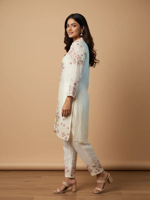 Off white chinnon embroidered co-ord set with floral design – Rangoli Saris