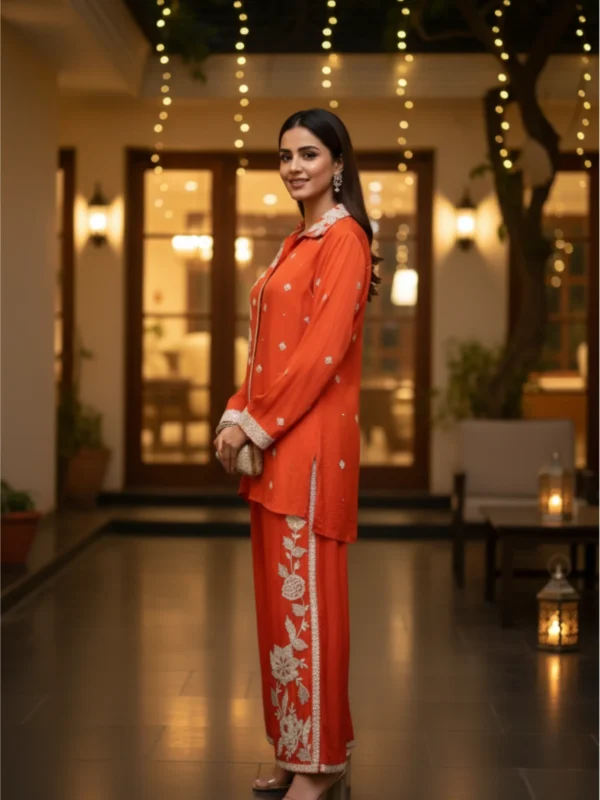 Burnt orange chinnon embroidered co-ord set with floral detailing – Rangoli Saris