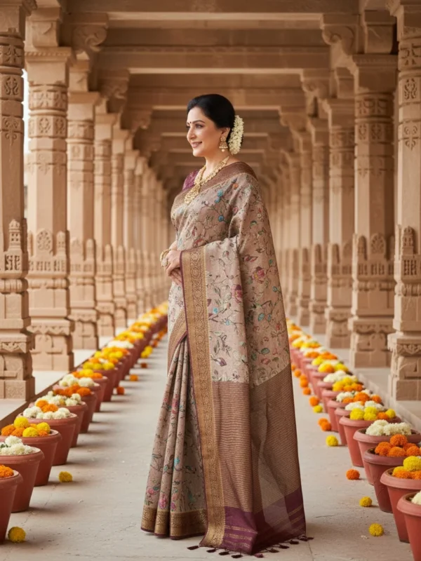 Woman draped in beige Moonga Tussar saree with traditional Pichwai and Kalamkari prints, woven zari border and silk pallu – Rangoli Saris