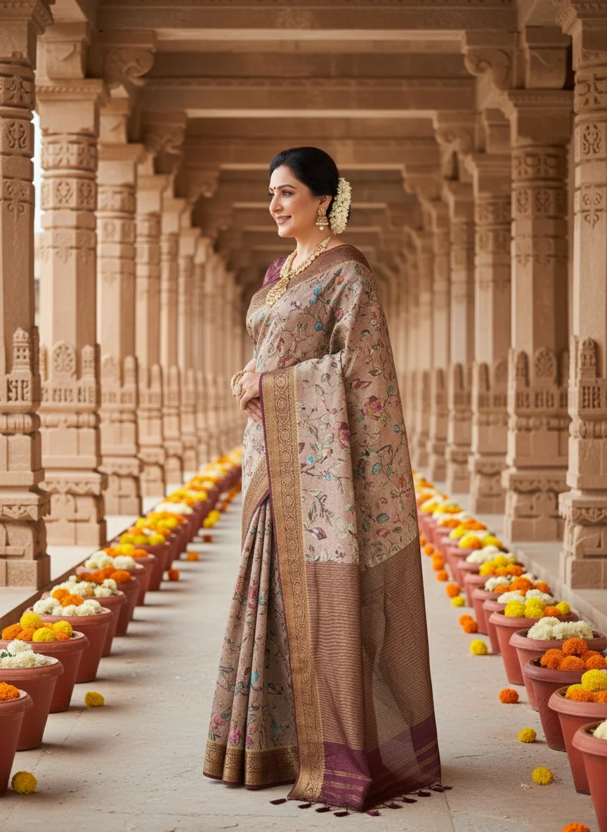 Woman draped in beige Moonga Tussar saree with traditional Pichwai and Kalamkari prints, woven zari border and silk pallu – Rangoli Saris