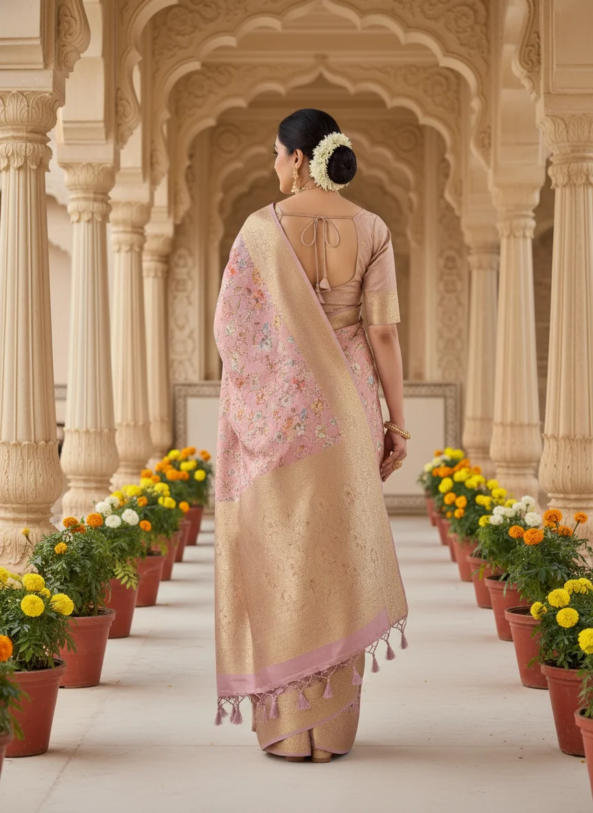 Blush Pink Moonga Tussar Saree with Woven Zari Border and Traditional Heritage Print - Image 3