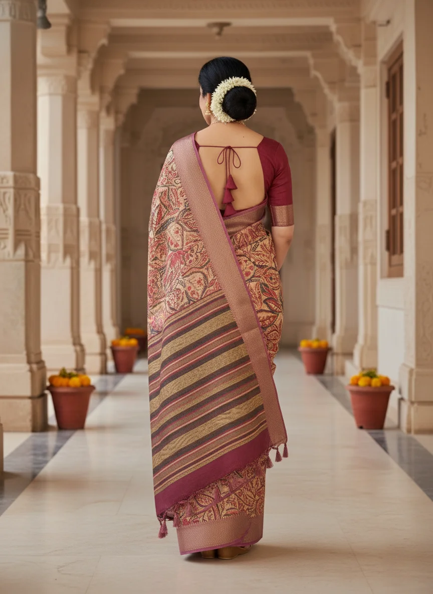 Maroon Moonga Tussar Saree with Woven Zari Border and Traditional Heritage Print - Image 3