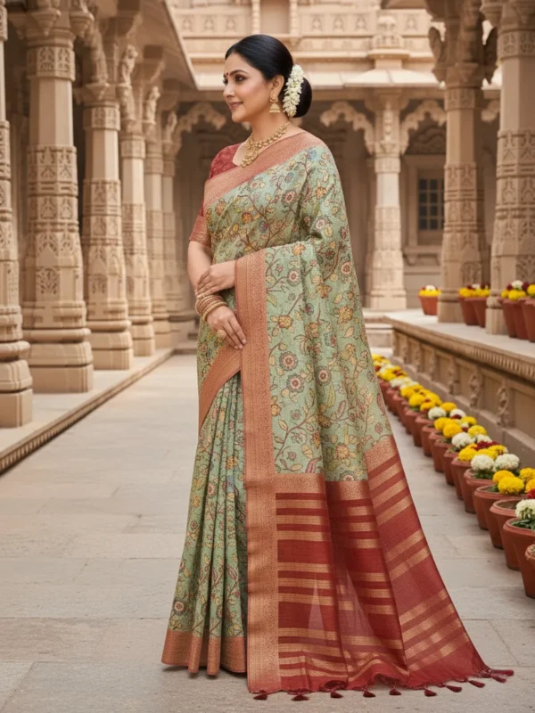 Woman wearing sage green Moonga Tussar saree with Pichwai-inspired print and woven zari border – Rangoli Saris