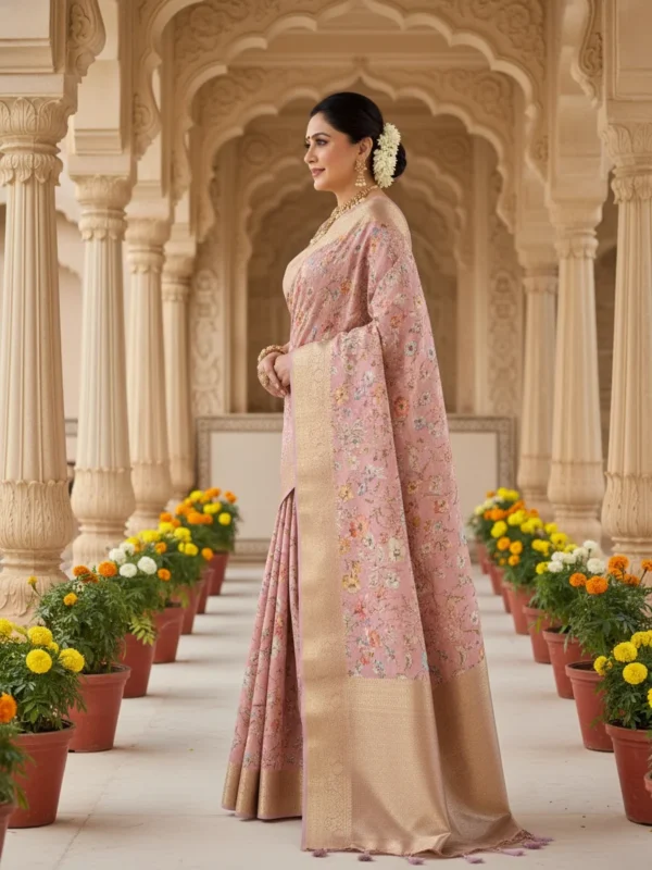 Woman draped in blush pink Moonga Tussar saree with Pichwai and Kalamkari traditional prints, zari woven border, and silk pallu – Rangoli Saris