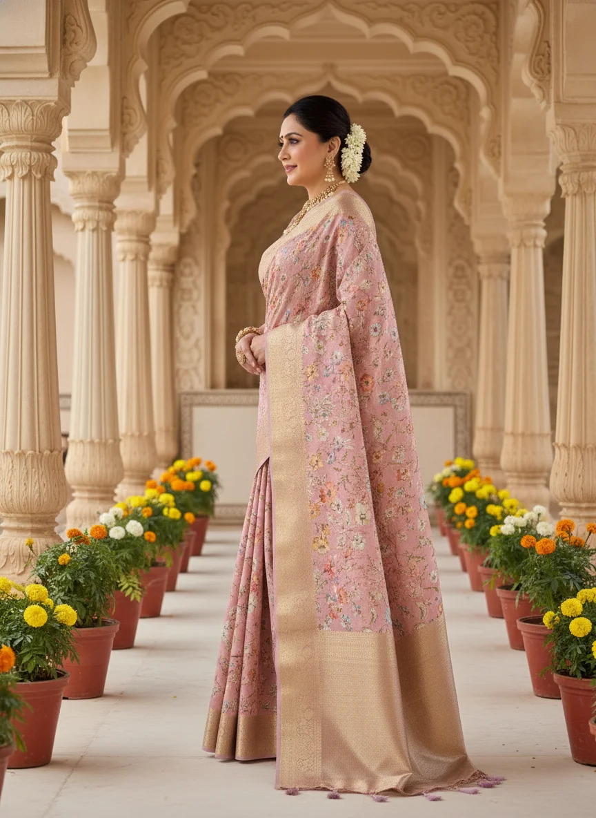 Woman draped in blush pink Moonga Tussar saree with Pichwai and Kalamkari traditional prints, zari woven border, and silk pallu – Rangoli Saris