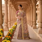 Woman wearing beige Moonga Tussar saree with traditional Pichwai, Patola, and Kalamkari prints, woven zari border, and detailed pallu design – Rangoli Saris
