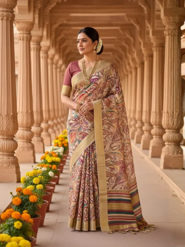 beige-moonga-tussar-saree-with-zari-border-and-heritage-print