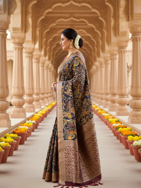 Elegant woman wearing navy blue Moonga Tussar saree with Kalamkari-inspired print and woven zari border – Rangoli Saris