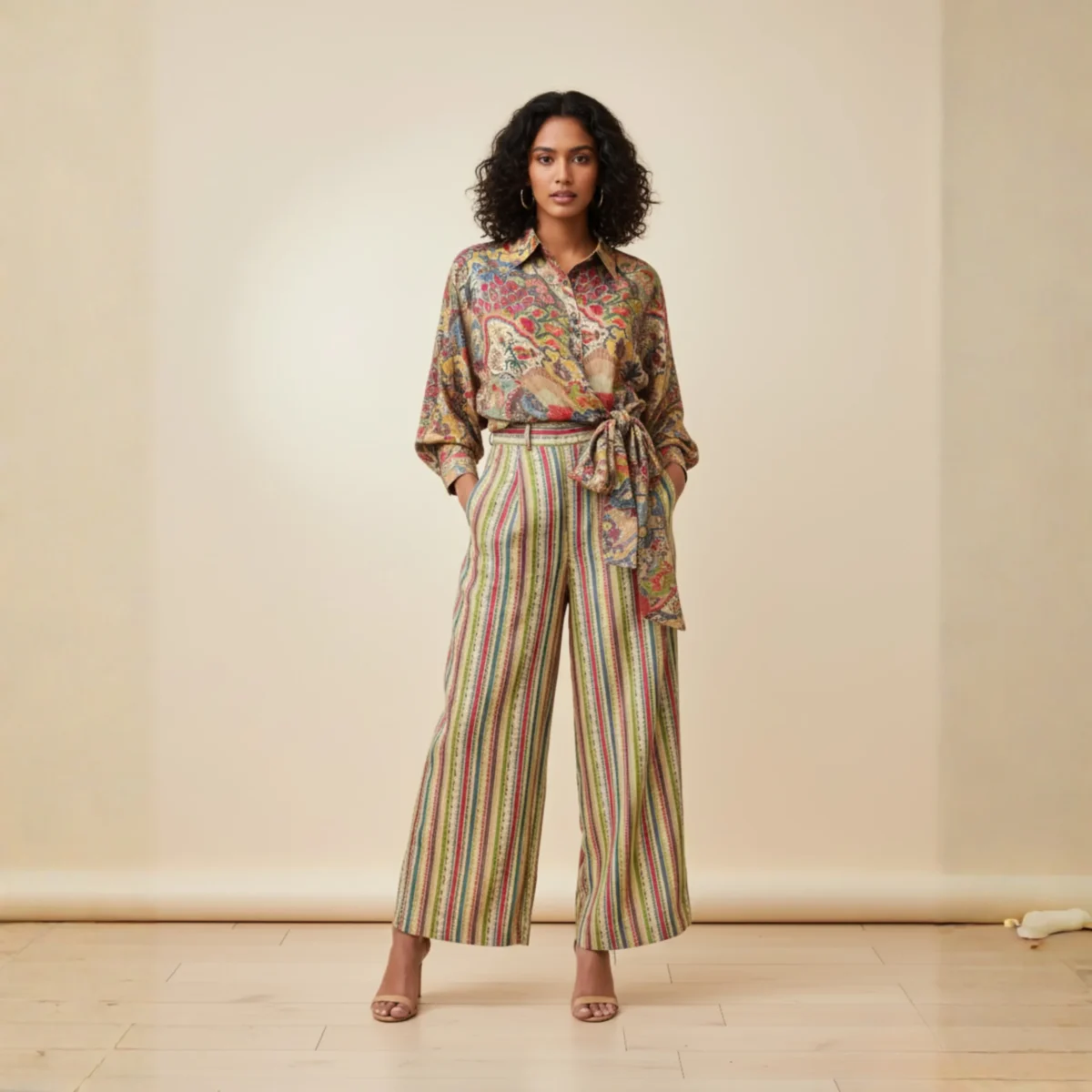 Printed Muslin Co-Ord Set featuring artistic all-over print shirt and striped wide-leg pants – Rangoli Saris