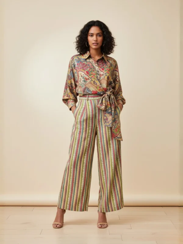 Printed Muslin Co-Ord Set featuring artistic all-over print shirt and striped wide-leg pants – Rangoli Saris