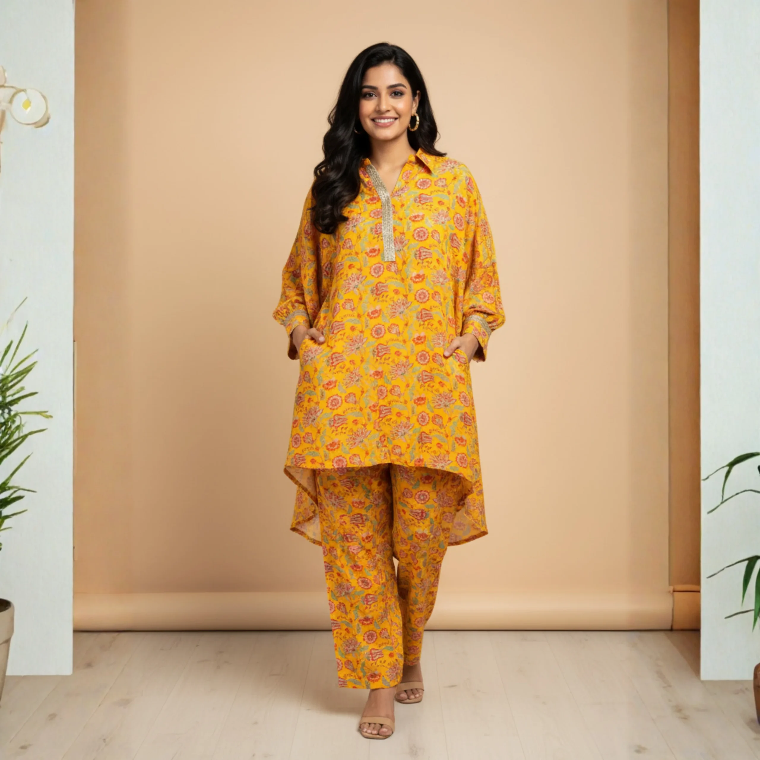 bright-yellow-muslin-printed-co-ord-set-with-chic-overlap-hem-kurta