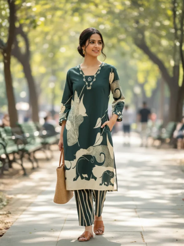 Bottle Green Rayon Digital Print Co-Ord Set featuring artistic motifs and striped pants – Rangoli Saris