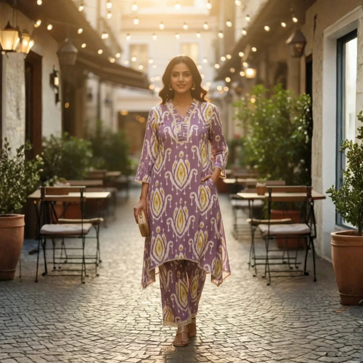 Lavender Cotton Co-Ord Set with digital print and asymmetrical kurta – Rangoli Saris