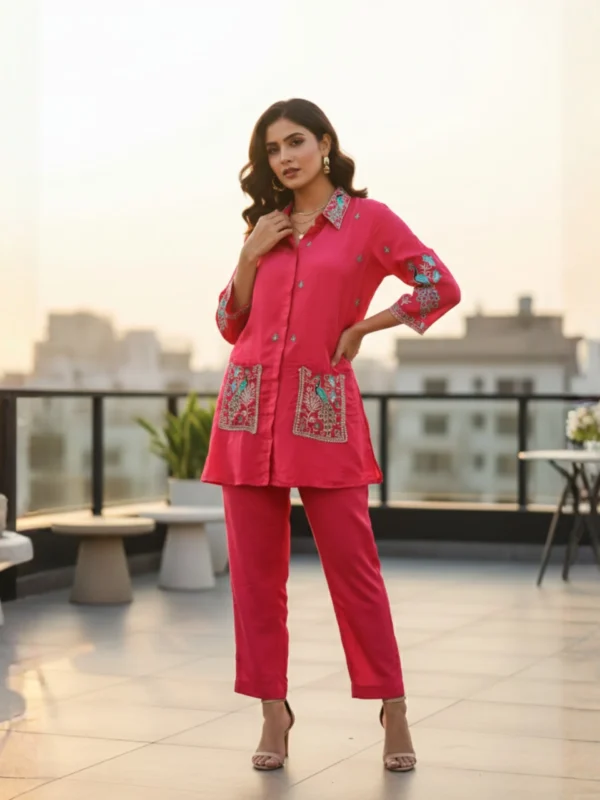 Hot pink embroidered crepe silk co-ord set with collared shirt and embroidered pockets – Rangoli Saris