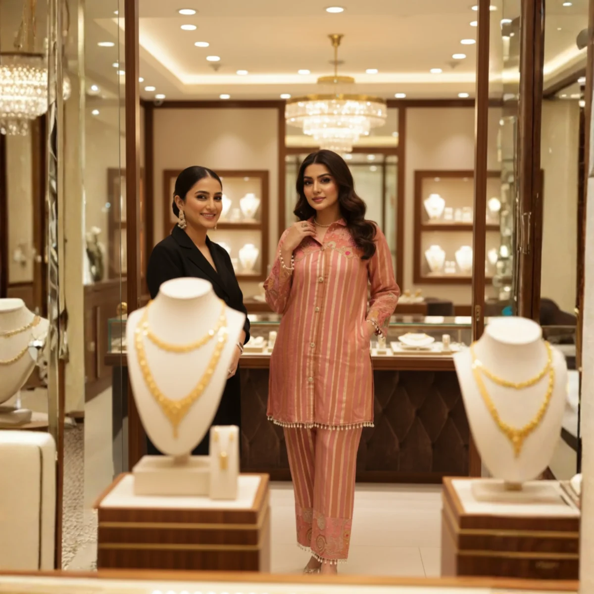 Peachish pink embroidered fancy co-ord set with striped shirt and straight pants – Rangoli Saris