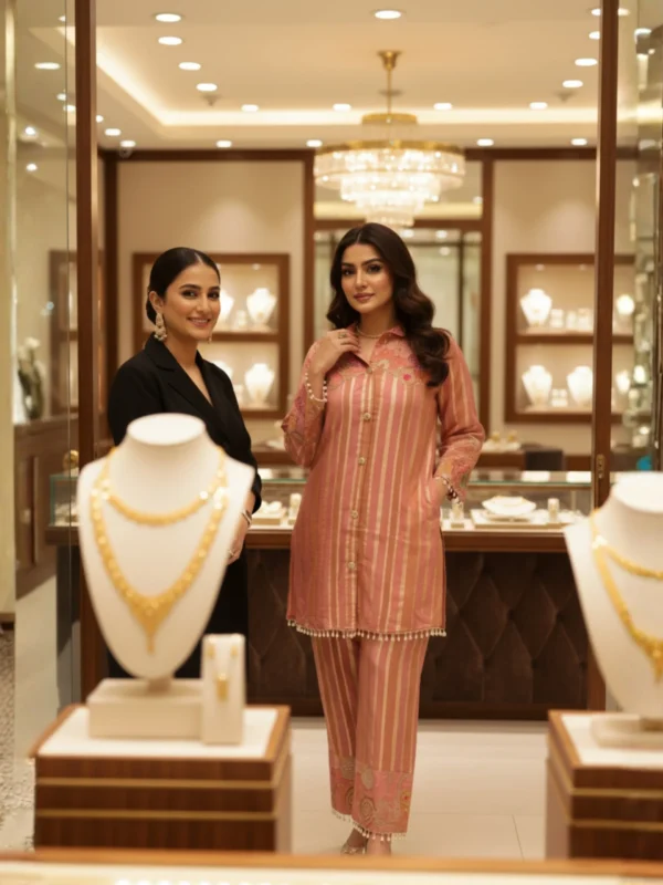 Peachish pink embroidered fancy co-ord set with striped shirt and straight pants – Rangoli Saris