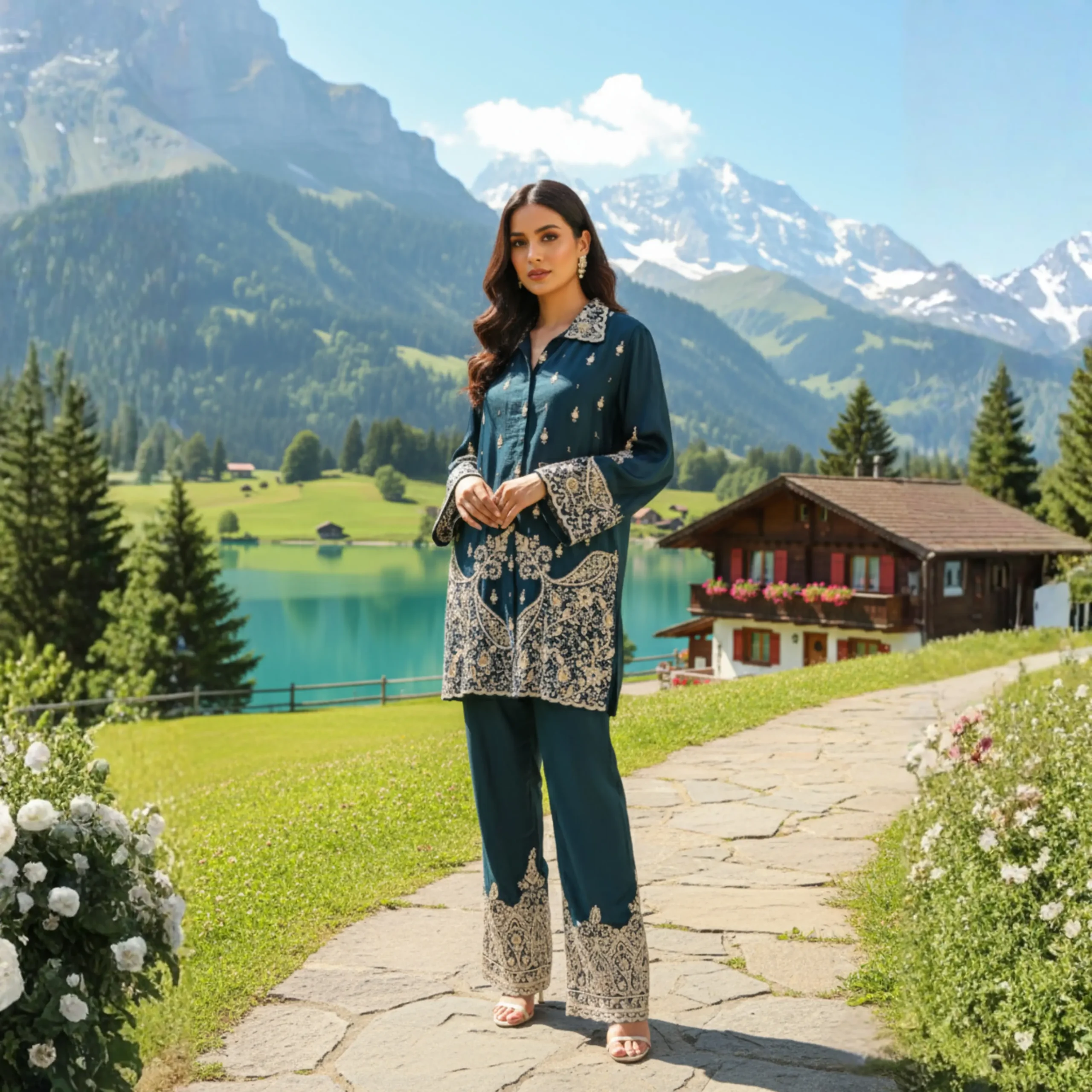 Peacock chinnon embroidered co-ord set with intricate detailing – Rangoli Saris