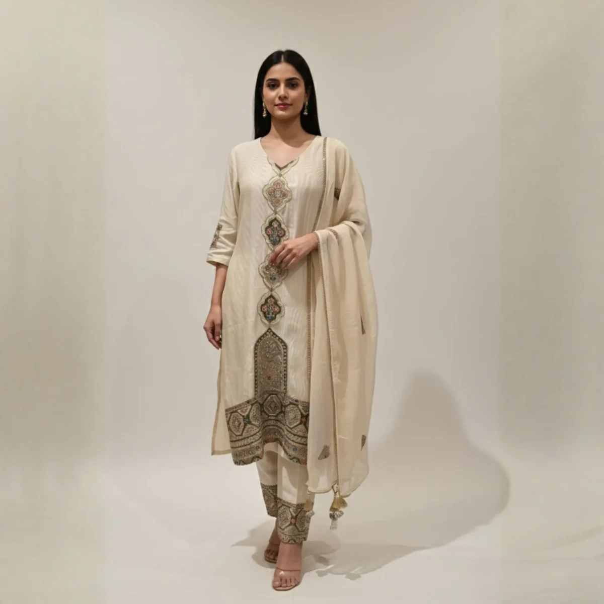 Off White fancy designer suit with intricate embroidery and dupatta – Rangoli Saris