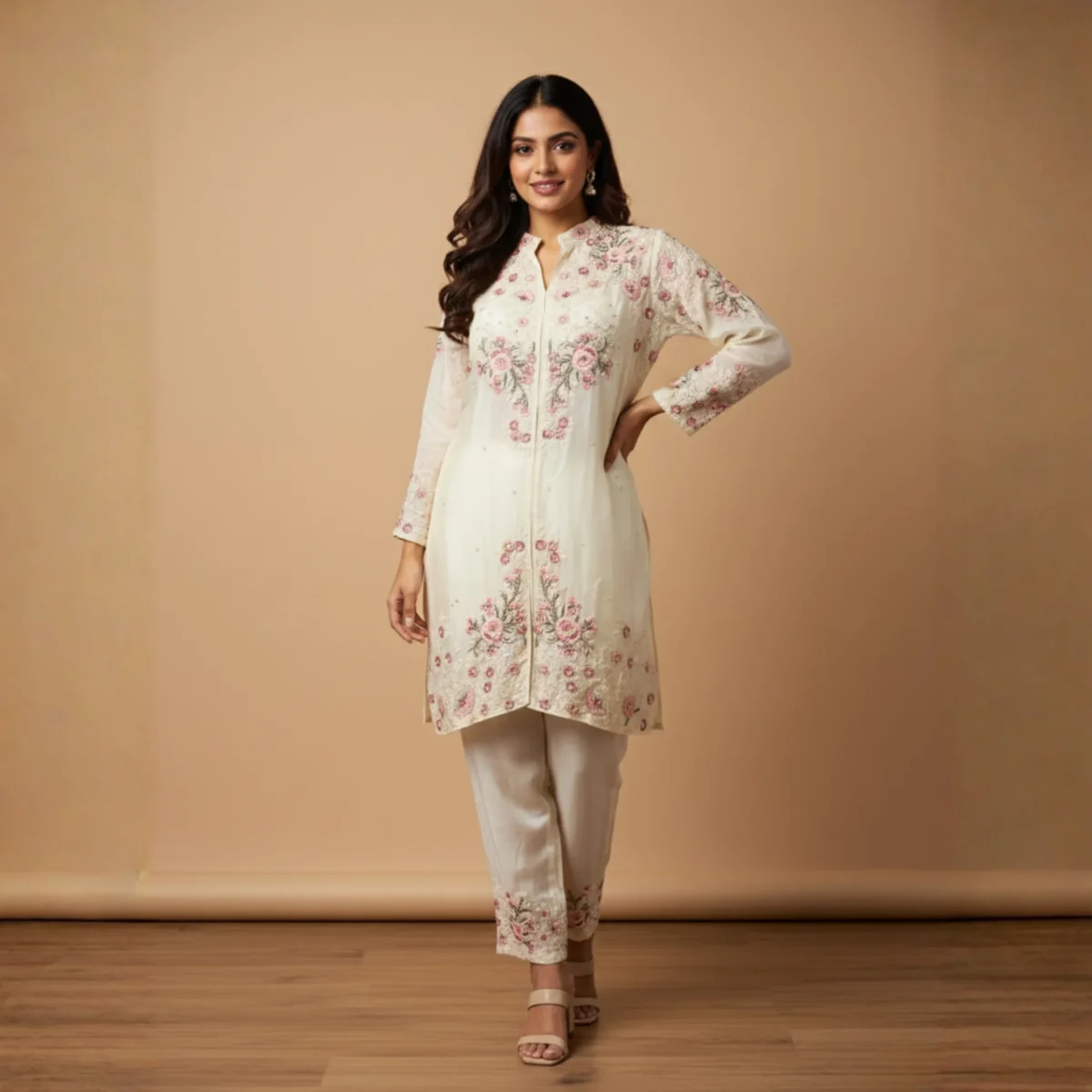Off white chinnon embroidered co-ord set with floral design – Rangoli Saris