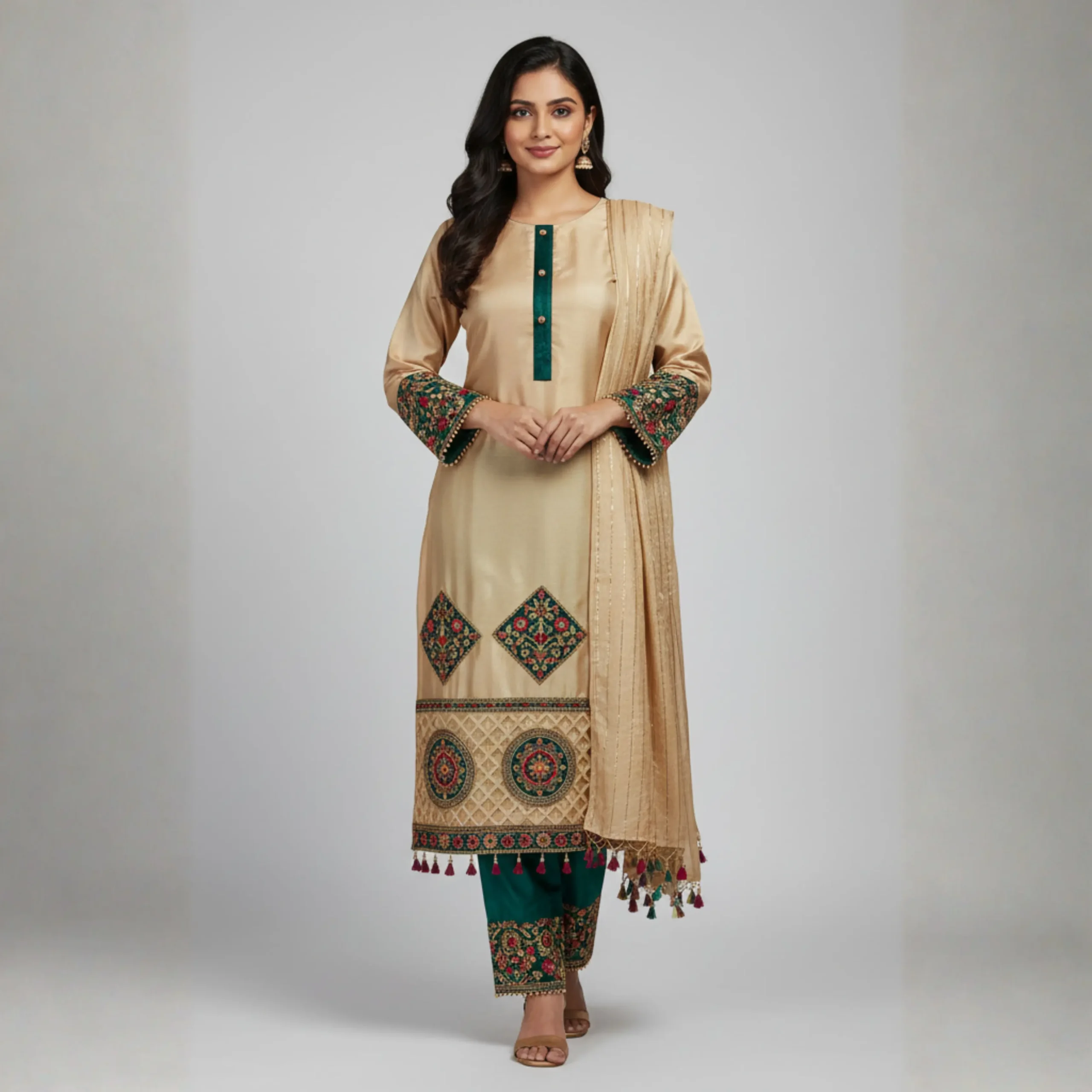 Baize silk designer suit with embroidered detailing and dupatta – Rangoli Saris