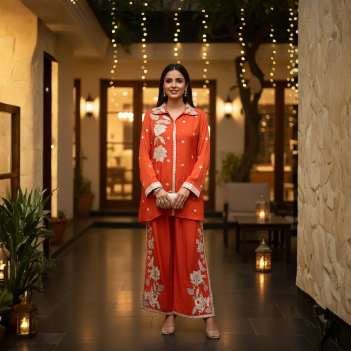 Burnt orange chinnon embroidered co-ord set with floral detailing – Rangoli Saris