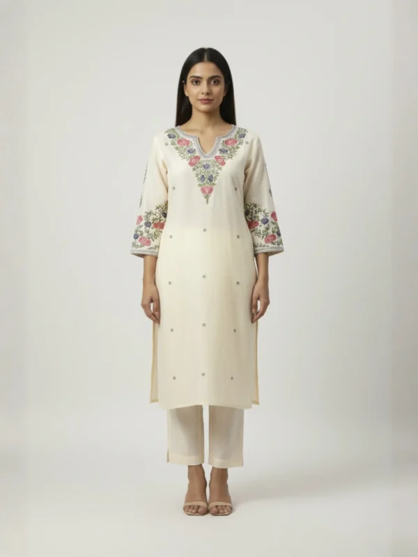 Off-white embroidered linen co-ord set with floral detailing on neckline and sleeves – Rangoli Saris