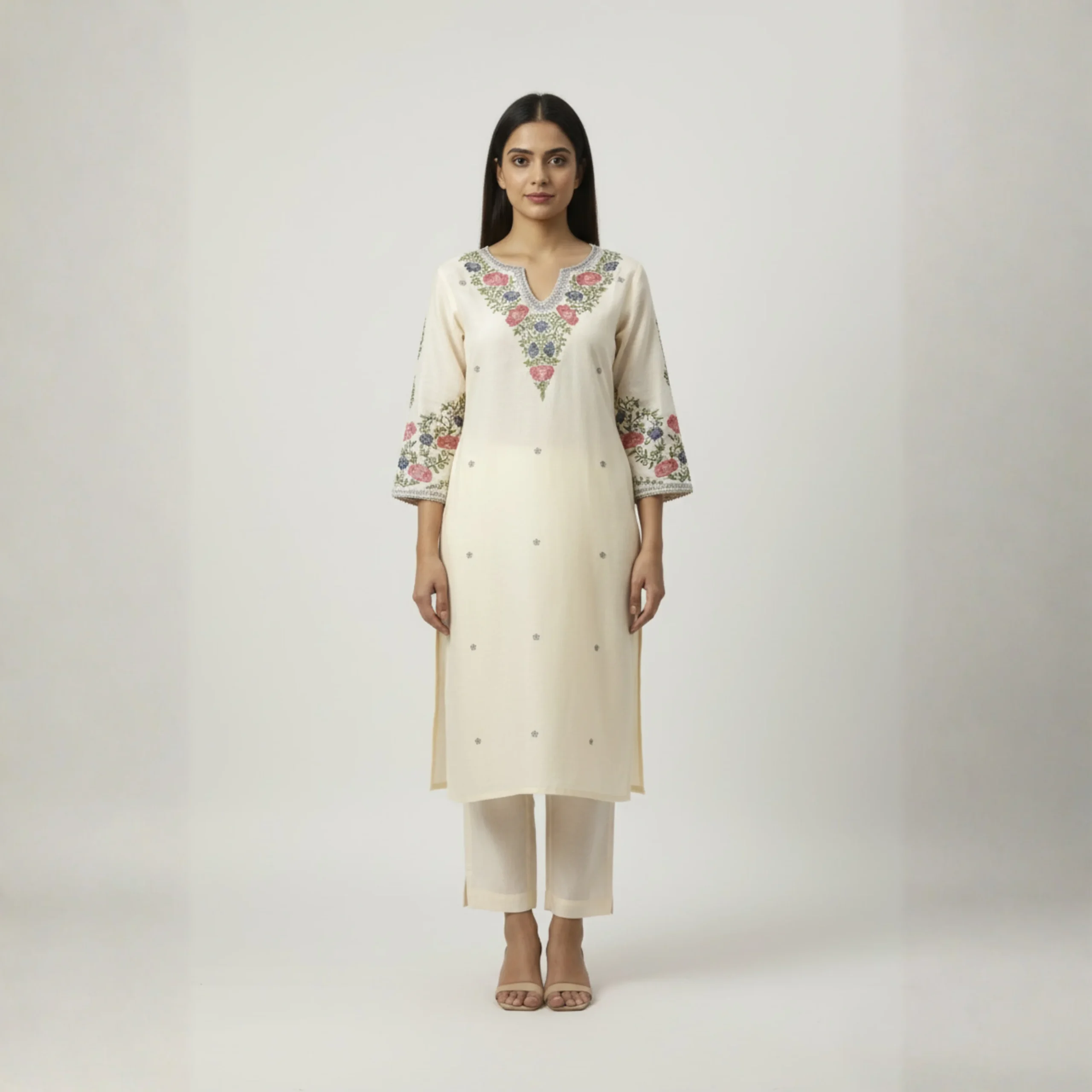 Off-white embroidered linen co-ord set with floral detailing on neckline and sleeves – Rangoli Saris