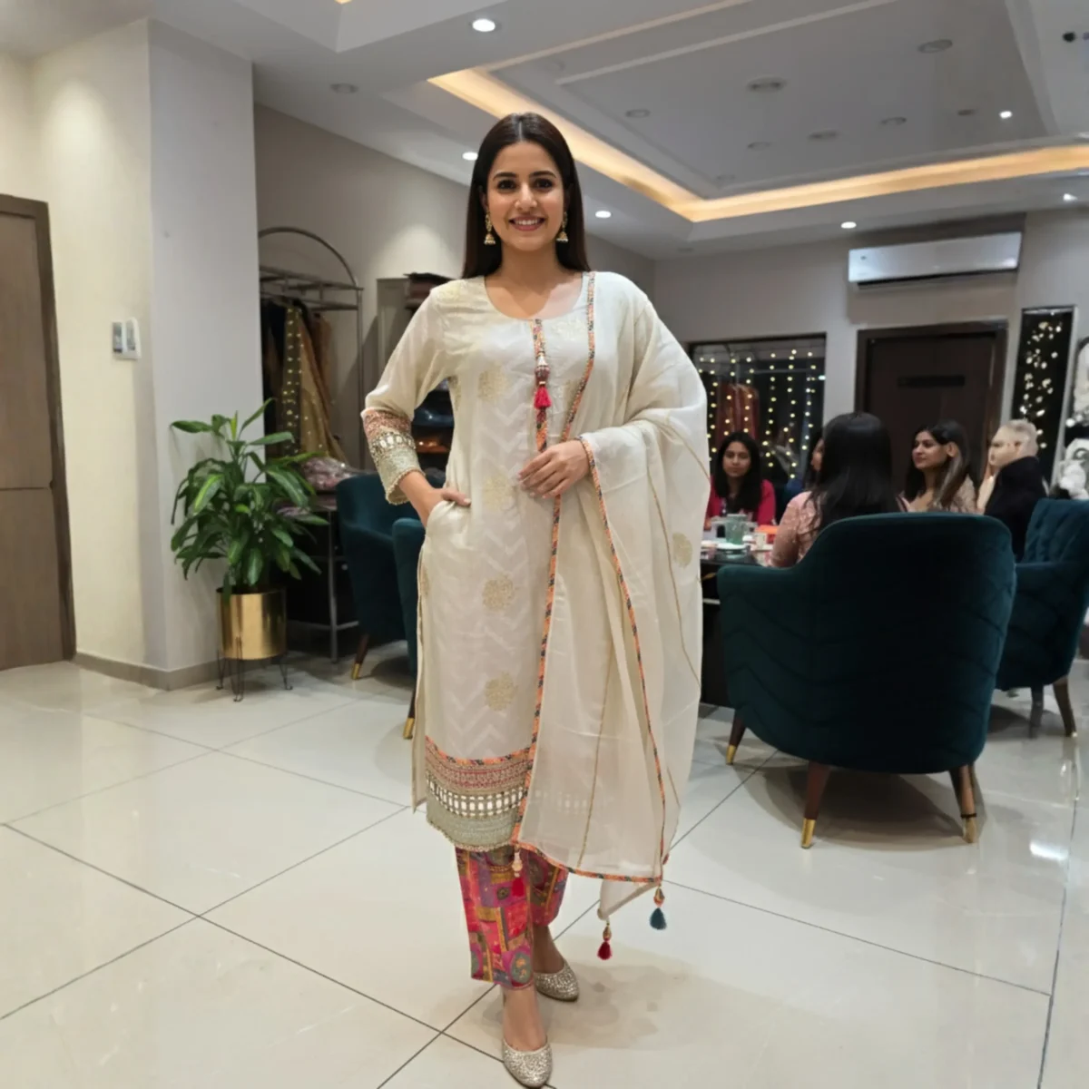 Off white woven designer suit with golden motifs and printed pants – Rangoli Saris