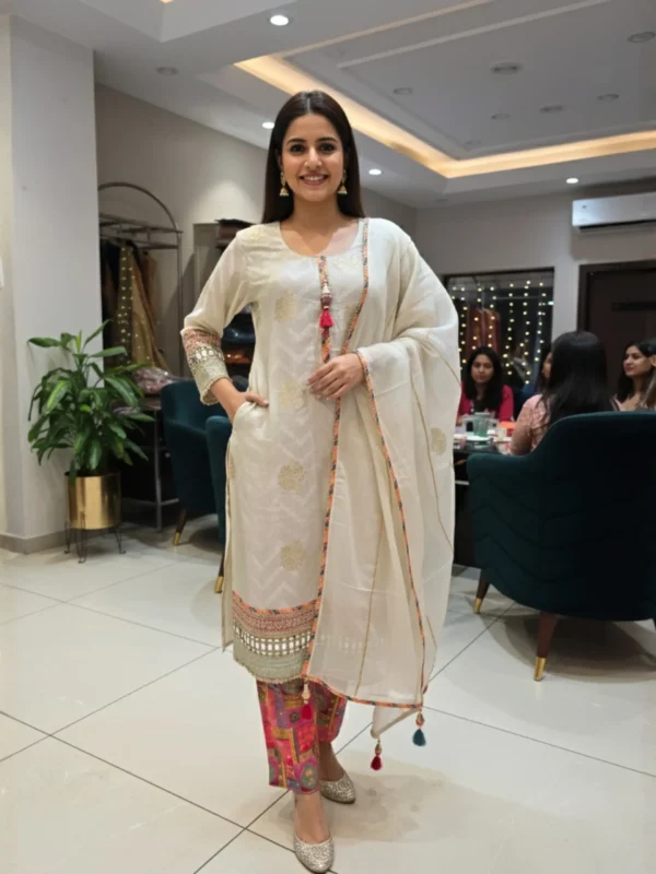 Off white woven designer suit with golden motifs and printed pants – Rangoli Saris