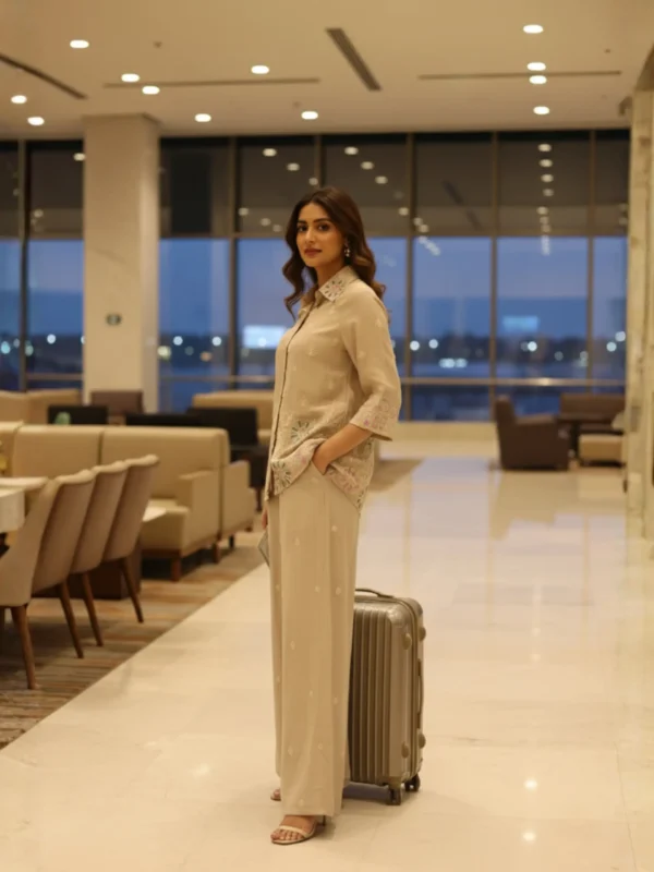 Dull grey chinnon embroidered co-ord set with shirt top and straight pants – Rangoli Saris