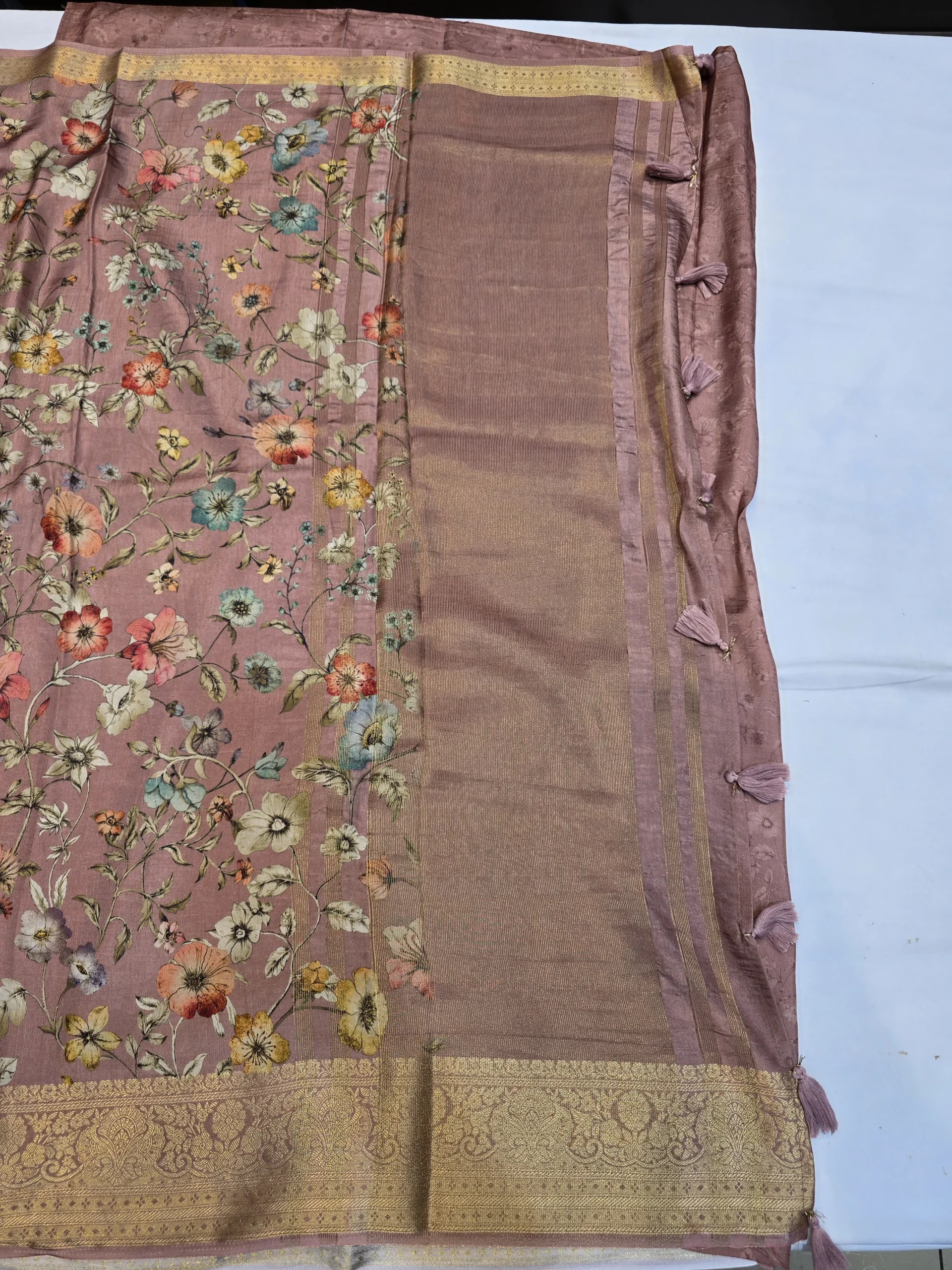 Blush Pink Moonga Tussar Saree with Woven Zari Border and Traditional Heritage Print - Image 7