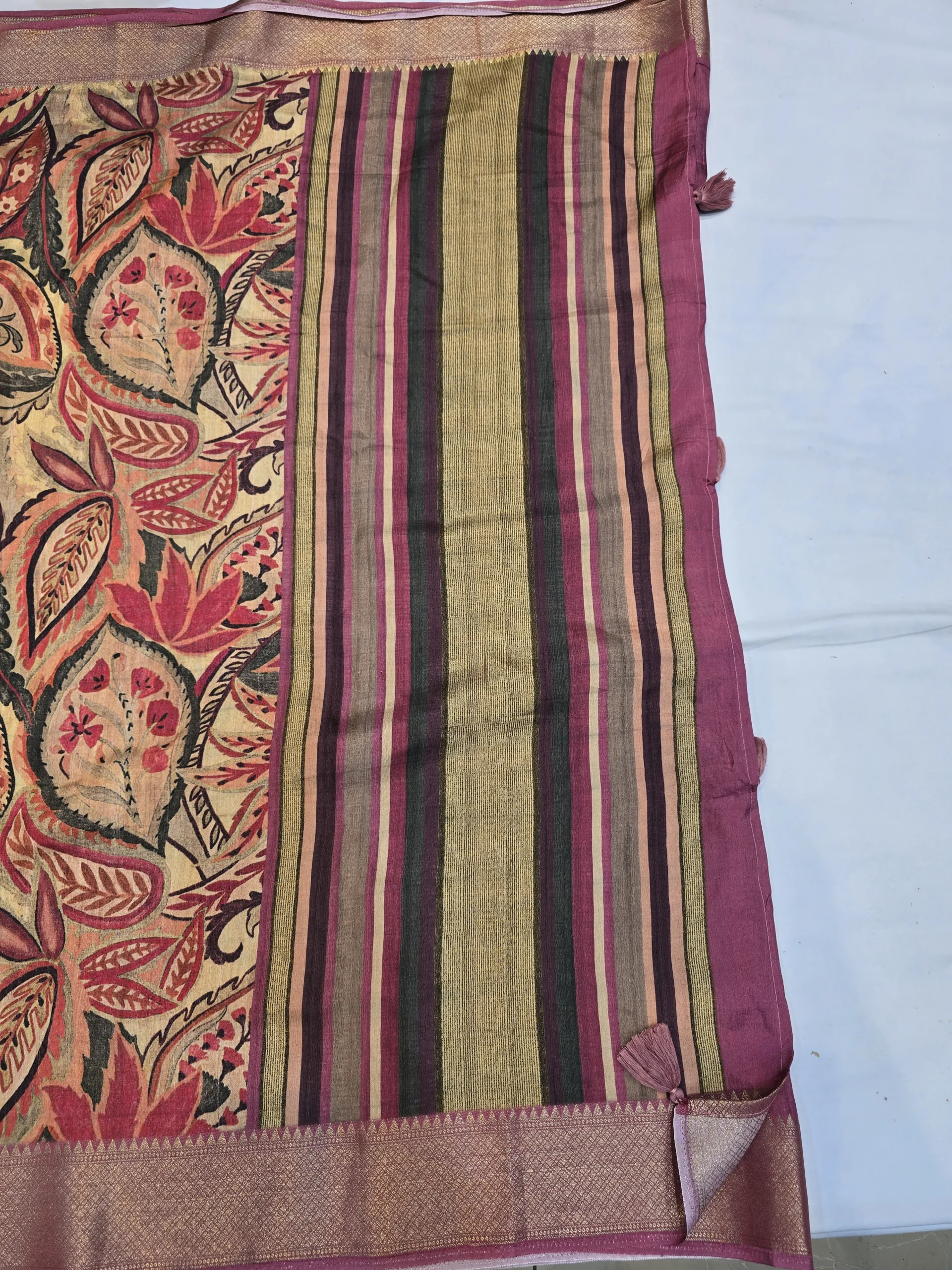 Maroon Moonga Tussar Saree with Woven Zari Border and Traditional Heritage Print - Image 7
