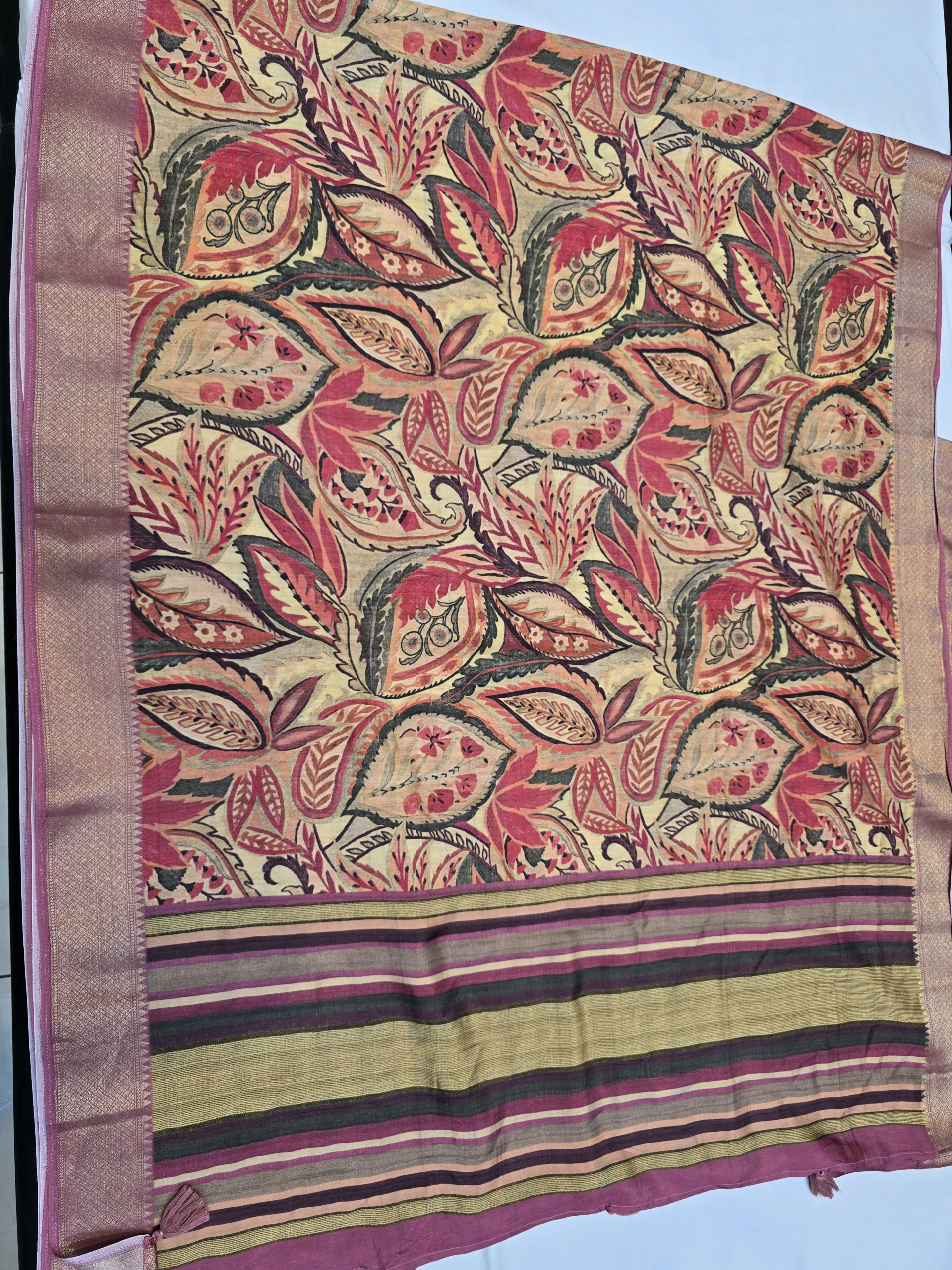 Maroon Moonga Tussar Saree with Woven Zari Border and Traditional Heritage Print - Image 6