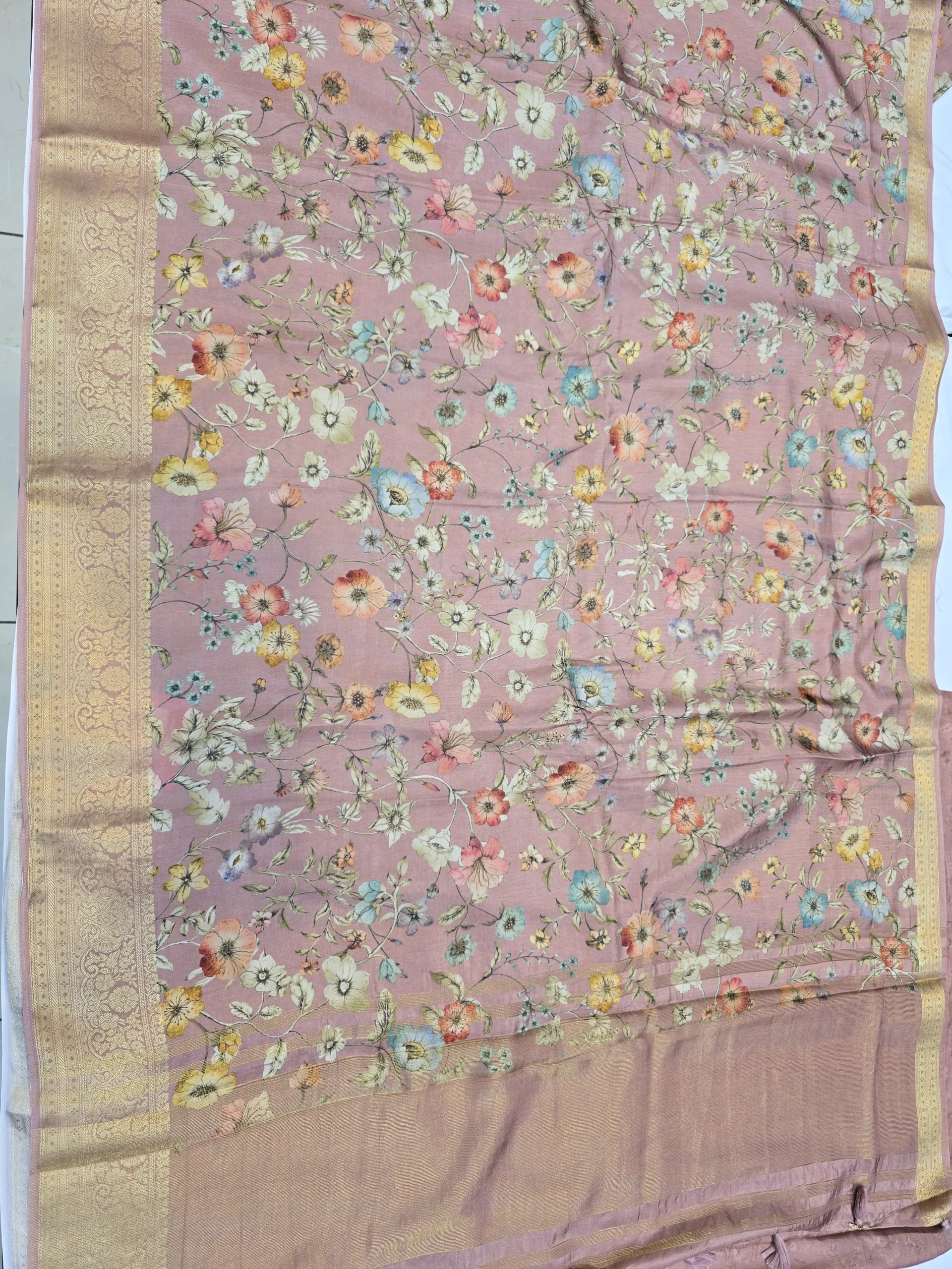 Blush Pink Moonga Tussar Saree with Woven Zari Border and Traditional Heritage Print - Image 6